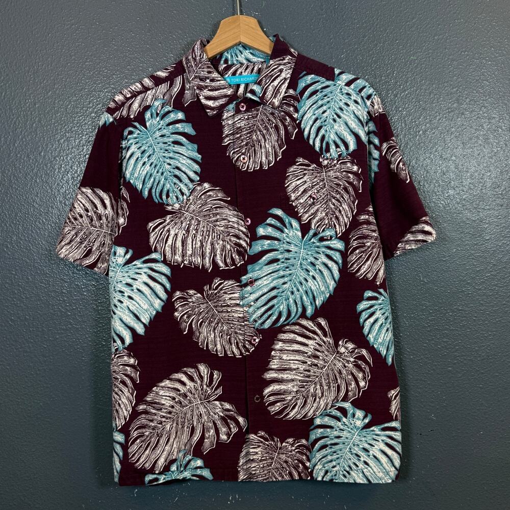 Tori Richard M men purple flowers short sleeve button SILK/COTTON Hawaii shirt